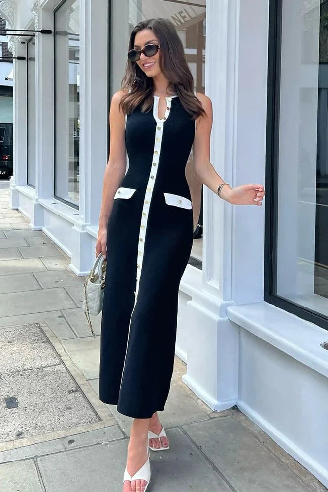 Elegant Sleeveless Single-Breasted Bodycon Knitted Midi Dress