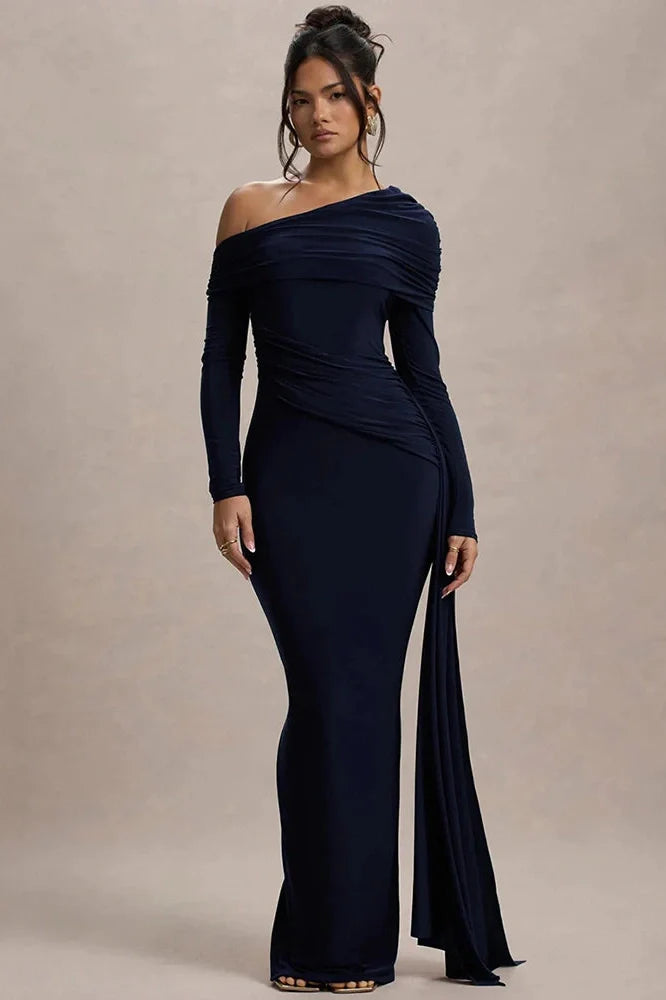 Skew Collar Long Sleeve Backless Bodycon Maxi Dress