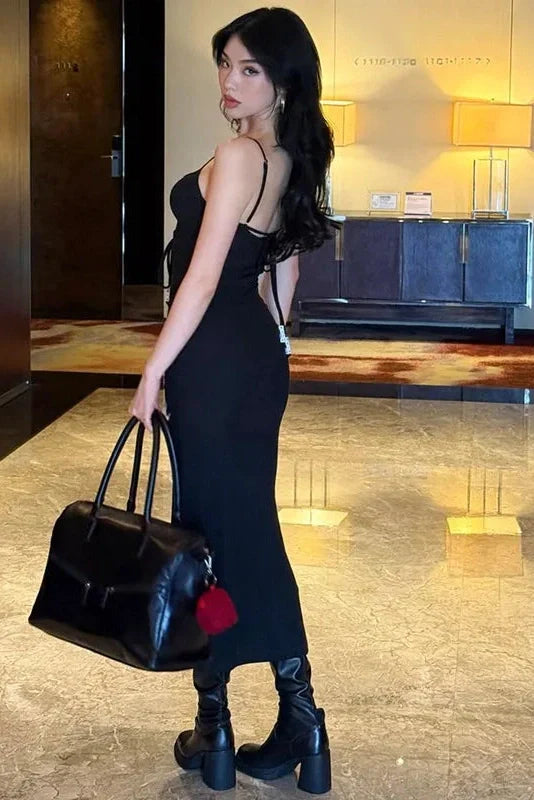 Spaghetti Strap Backless Slim Sleeveless High Waist Midi Dress