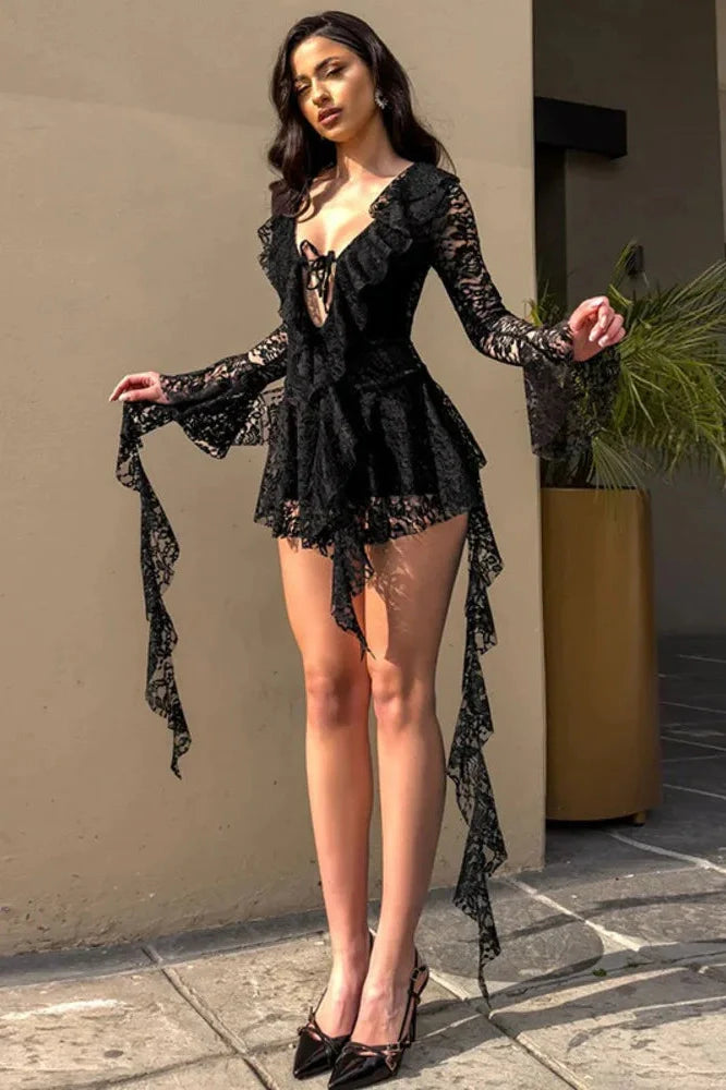 Lace Deep V Neck Long Sleeve A-line Mini Dress