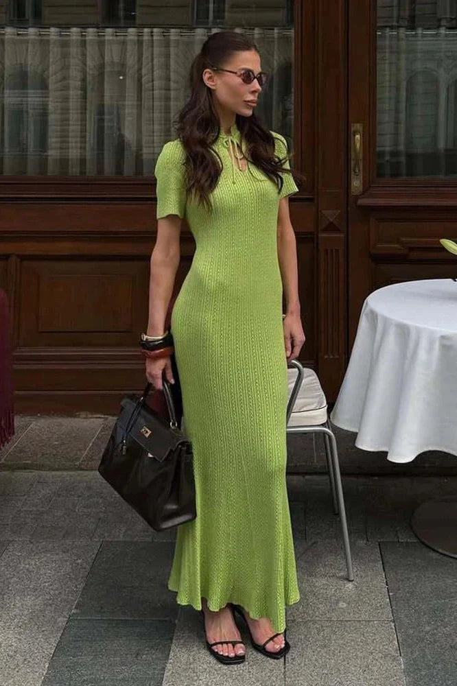 Hollow-Out Short Sleeve Knitted Slim High Waist Maxi Dress