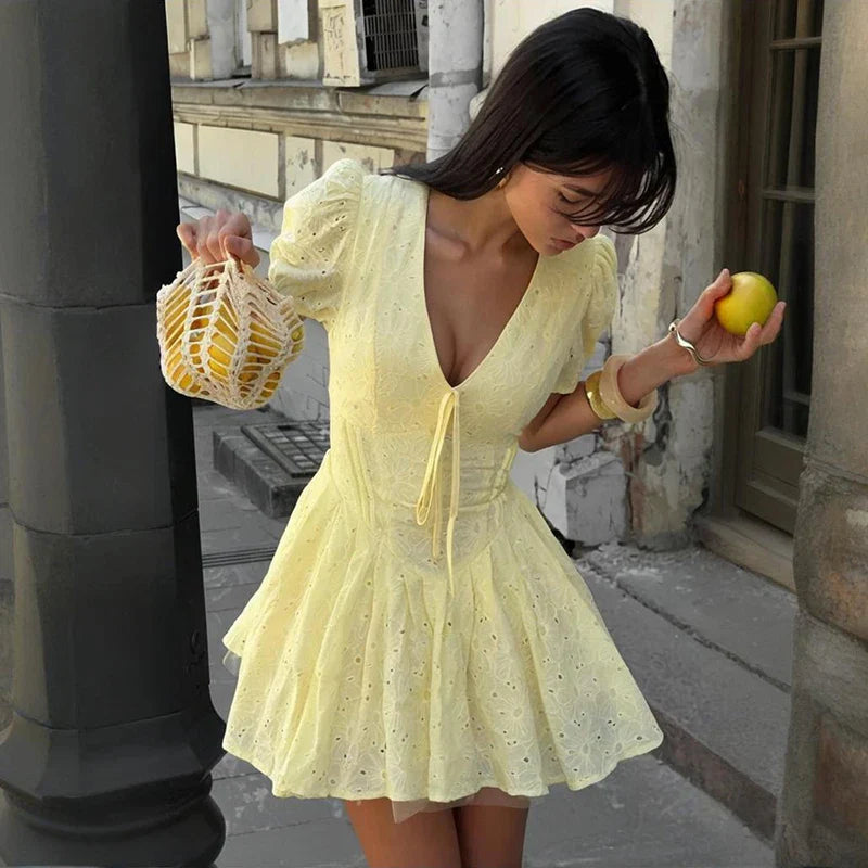 Lace Up V Neck Short Sleeve A-Line Mini Dress