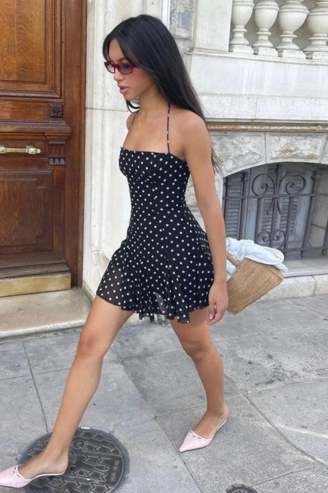 Polka Dot High Waist Pleated Sleeveless Printed Slim Mini Dress