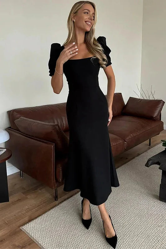 Elegant Square-Neck Short-Sleeved Slim Midi Dress