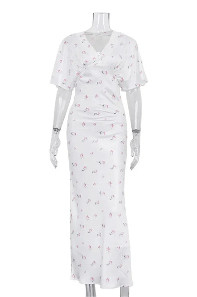 Printed V-Neck High Waist Slim Maxi Dress