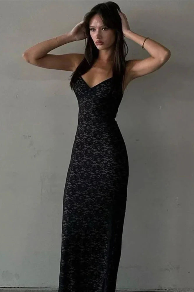 Lace Hollow Out Backless Slim V-Neck Maxi Dress