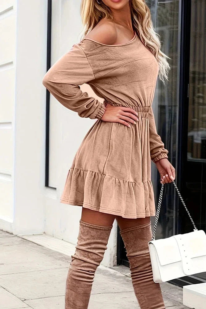 Slash Collar High Waist A-Line Long Sleeve Mini Dress