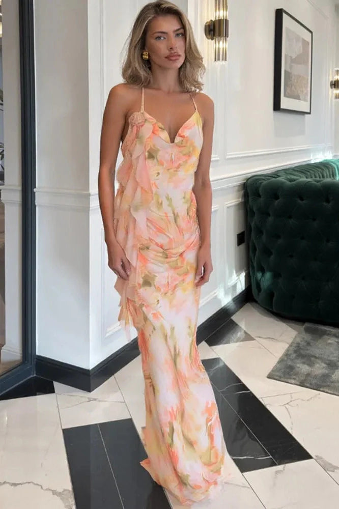 Printed Sleeveless Backless Maxi Dress