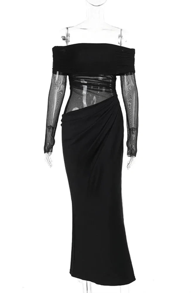 Off-shoulder Strapless Long Sleeve See Through Maxi Dress