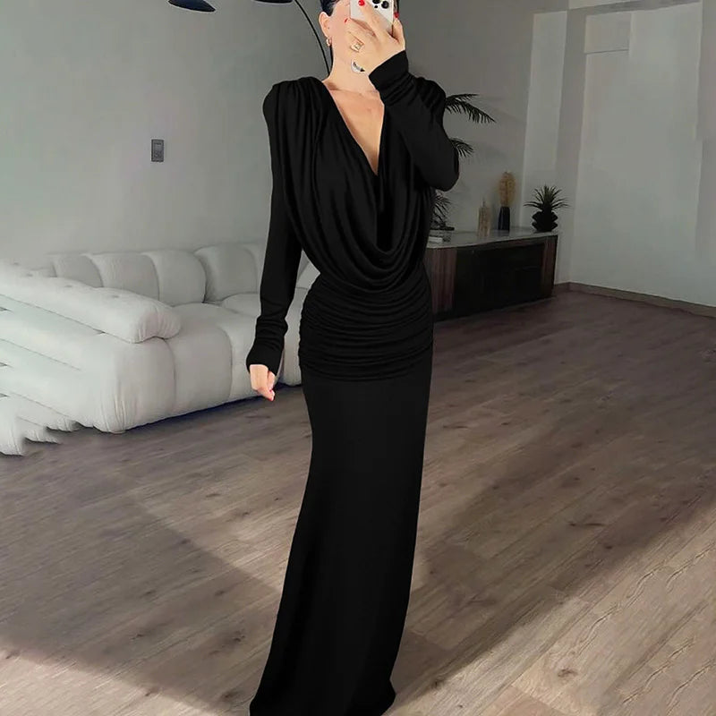 Deep V-Neck See-Through Long Sleeve Maxi Dress