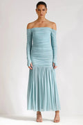 Off-Shoulder Strapless Patchwork Backless Long Sleeve Pleated Maxi Dress