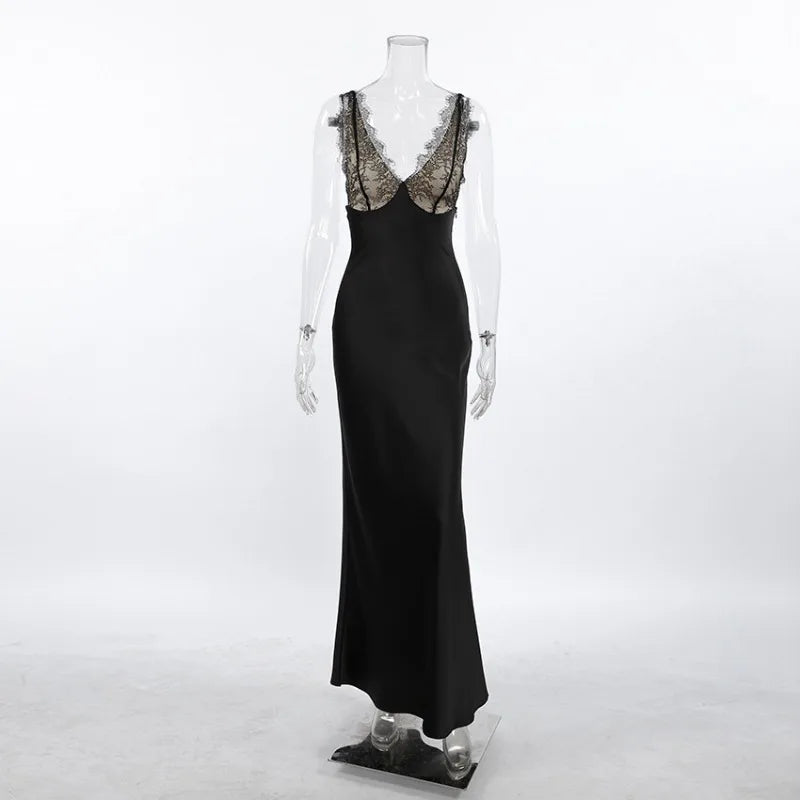Elegant V-Neck Patchwork Backless Maxi Dress