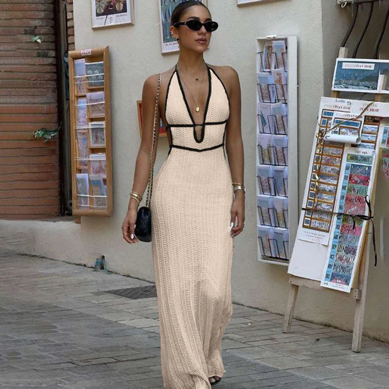 Backless Lace-Up V-Neck Sleeveless Maxi Dress