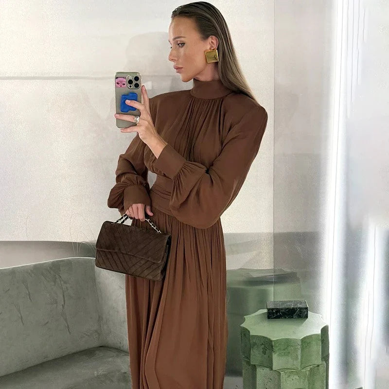 Elegant Half High Neck High Waisted Patchwork Maxi Dress