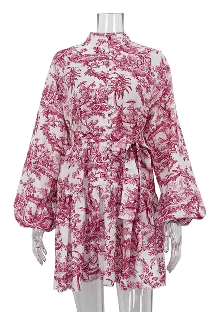 Elegant Printed Lace Up Long Sleeve Mini Dress