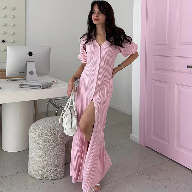 V-Neck Single Breasted High Waist Maxi Dress