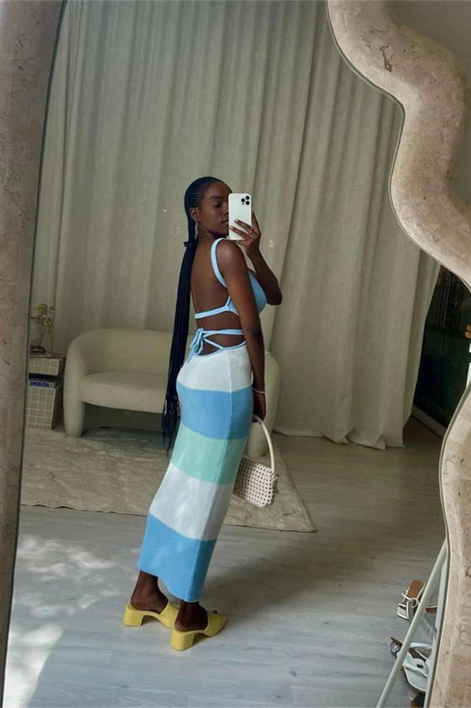 Spaghetti Strap Knitted Backless Bodycon Maxi Dress