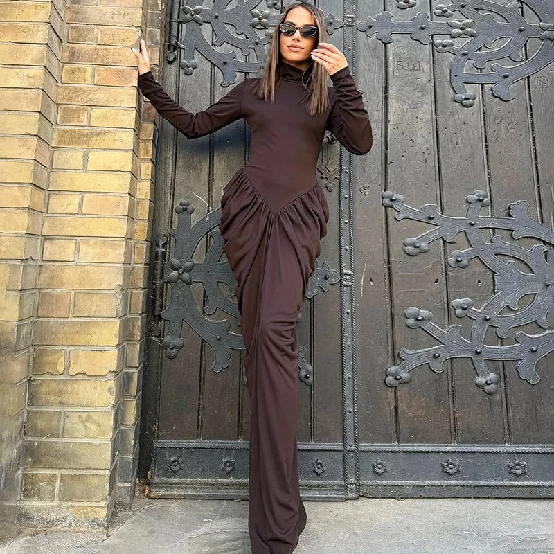 Elegant High Neck High Waist Long Sleeve Maxi Dress