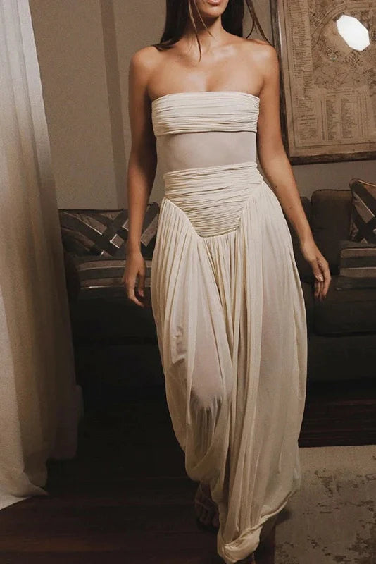 Off-Shoulder High Waist Slim Pleated Maxi Dress