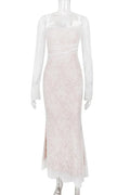 Elegant Lace Print Spaghetti Strap Long Sleeve Maxi Dress