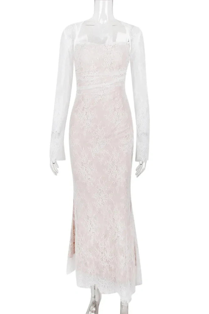 Elegant Lace Print Spaghetti Strap Long Sleeve Maxi Dress