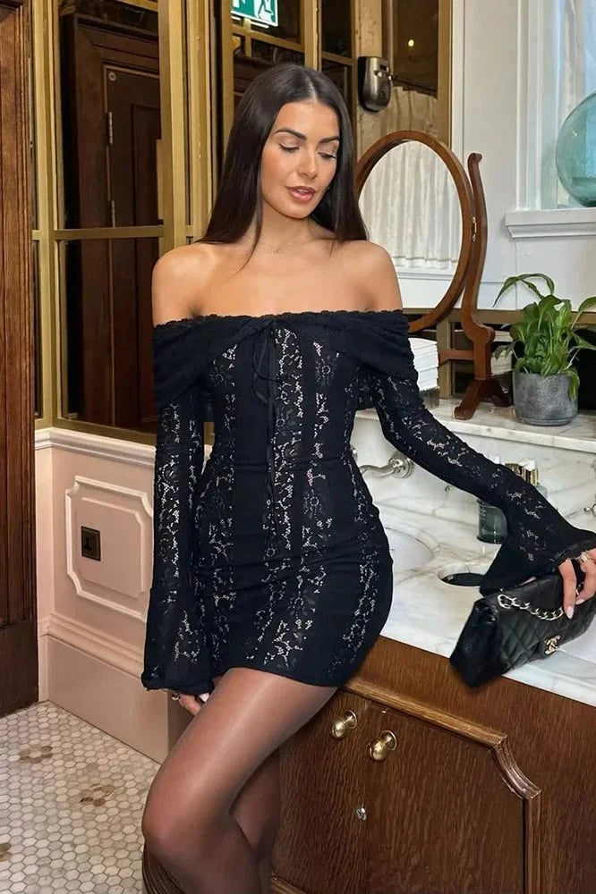 Elegant Lace Flare Sleeve Off-Shoulder Slim Strapless Mini Dress