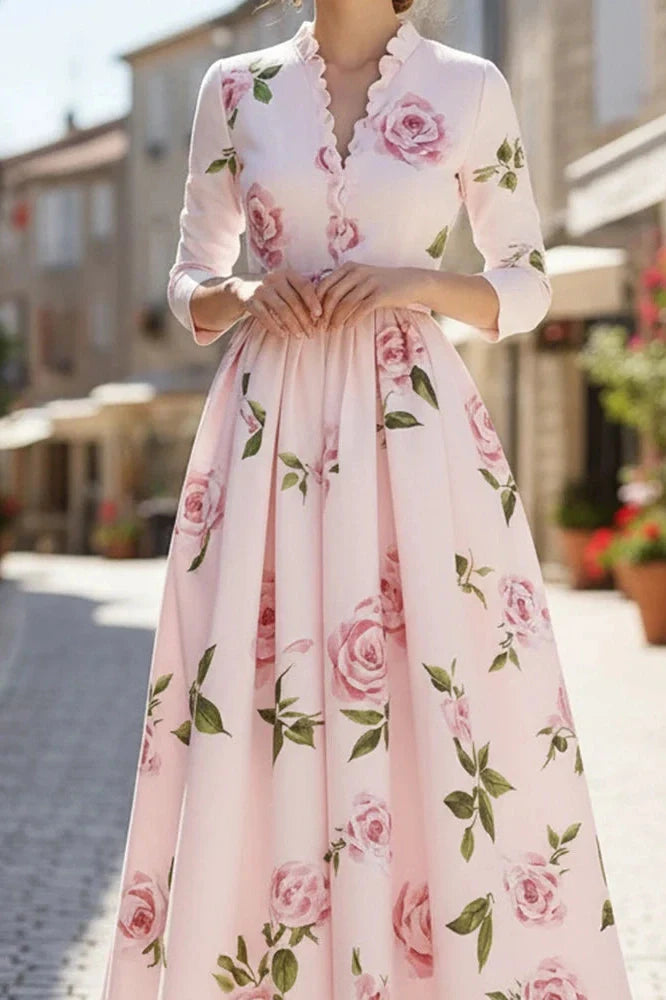 Elegant High Waist A-Line V-Neck Printed Long Sleeve Pleated Midi Dress