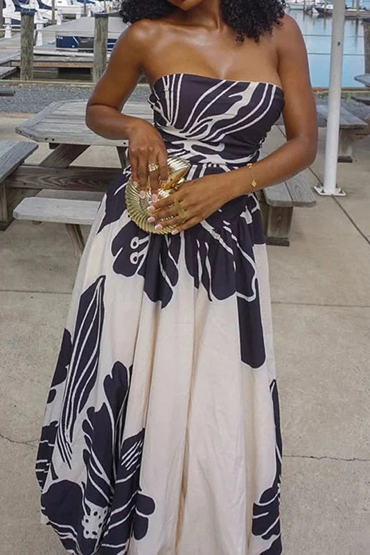 Off Shoulder Sleeveless High Waist Printed Pleated Maxi Dress