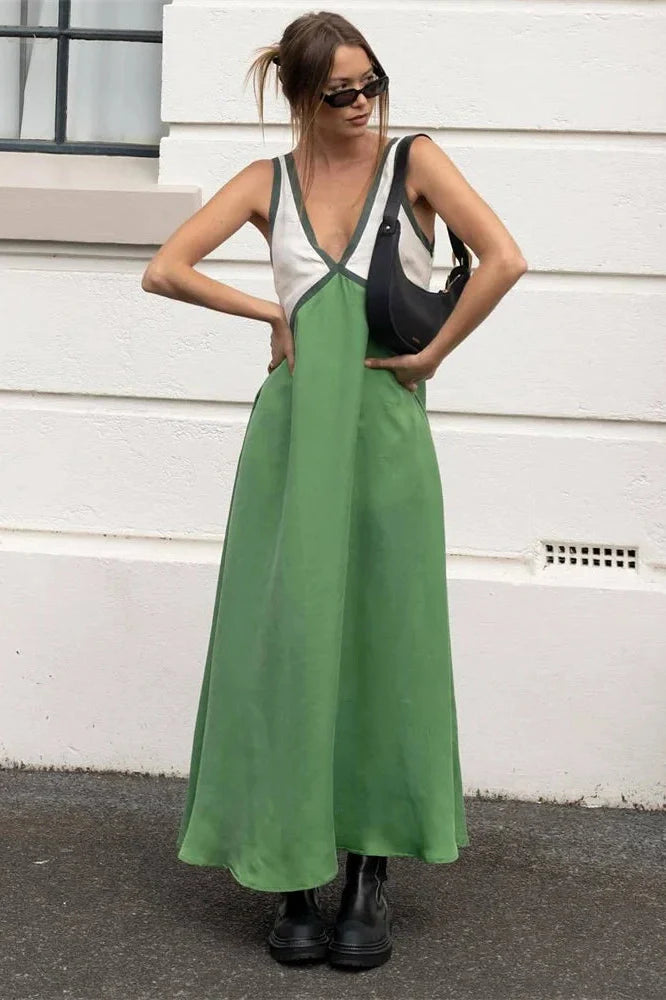 Patchwork V-Neck Strapless Sleeveless Slim Maxi Dress
