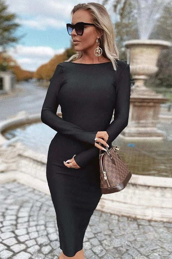 Elegant Backless Long Sleeve Zipper Bodycon Midi Dress