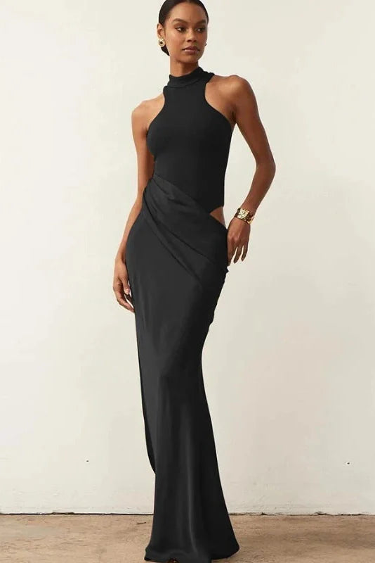 Hollow Out Pleated O Neck Sleeveless Slim High Waist Maxi Dress
