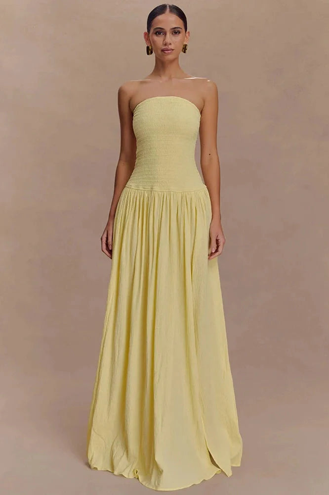 Off-Shoulder Strapless Sleeveless Backless High Split Pleated Maxi Dress