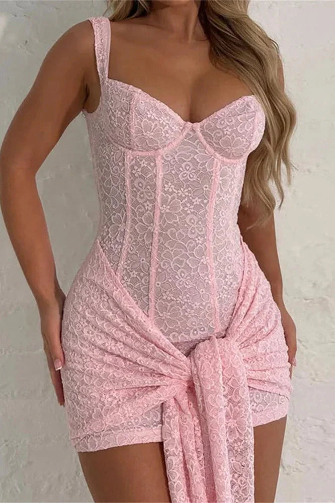 Lace Slim See-Through High Waist V-Neck Bodycon Mini Dress