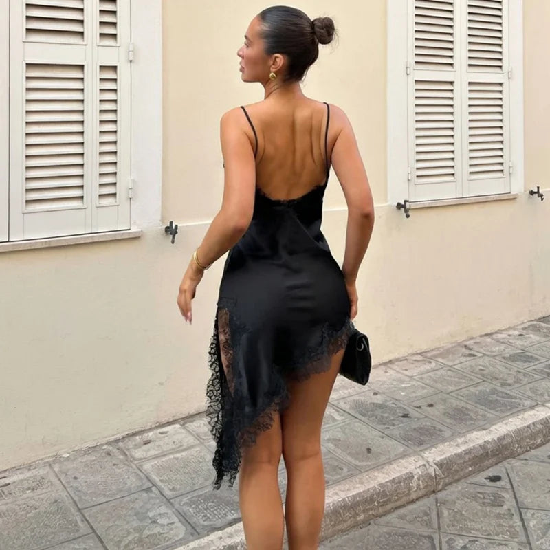 Lace Spaghetti Strap Slit Bodycon Mini Dress