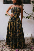 Hollow Out High Waist Pleated Sleeveless Printed Maxi Dress