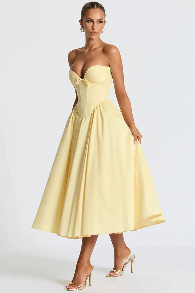 Off-Shoulder Strapless Sleeveless Backless High Waist A-line Midi Dress
