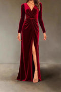 V-Neck Slim High Waist Pleated A-Line Maxi Dress