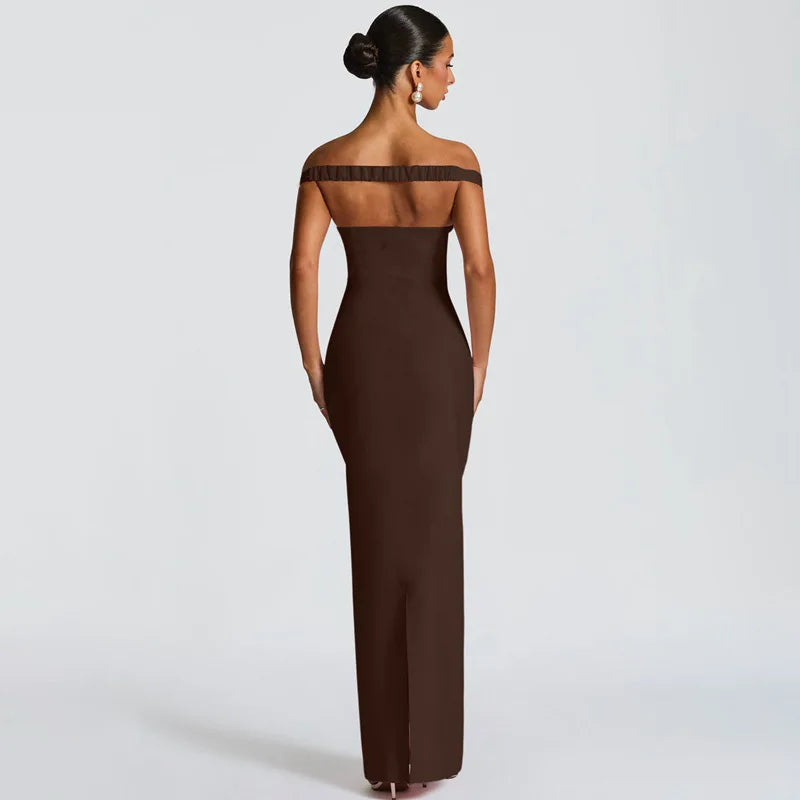 Scarf Collar Strapless Backless Slit Maxi Dress
