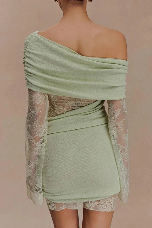 Hollow Out High Waist Slash Collar Lace Knitted Mini Dress