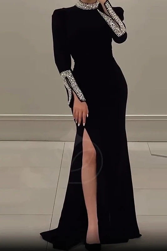Elegant High Slit Long Sleeve Slim Turtleneck Maxi Dress