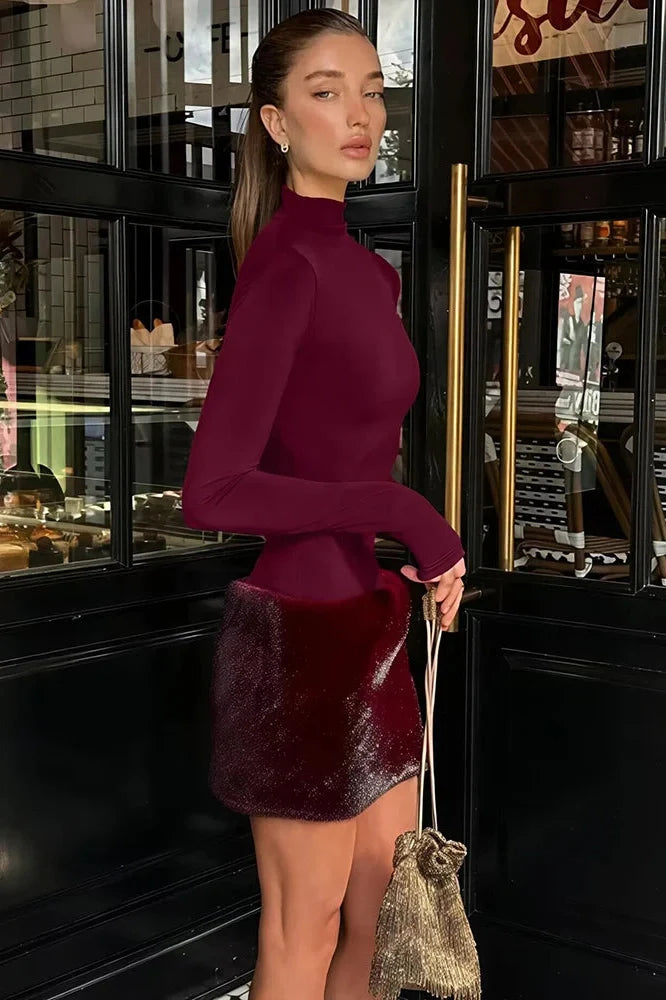 Turtleneck Long Sleeve Patchwork High Waist Bodycon Mini Dress