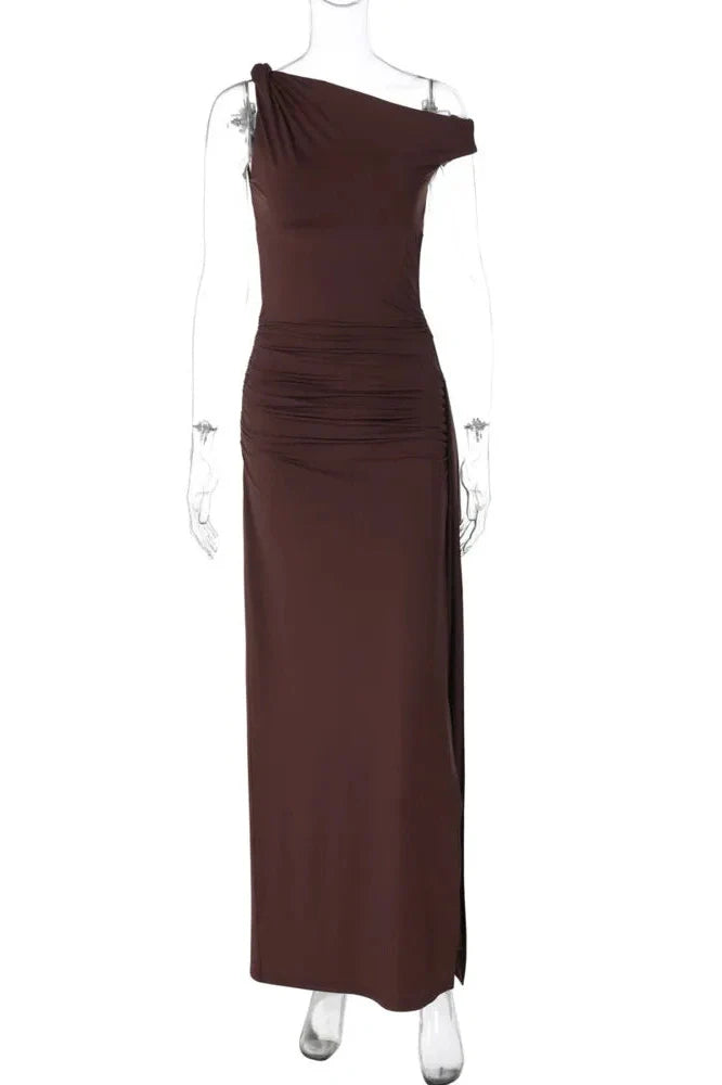 Oblique Shoulder Backless Off-Shoulder Sleeveless Maxi Dress