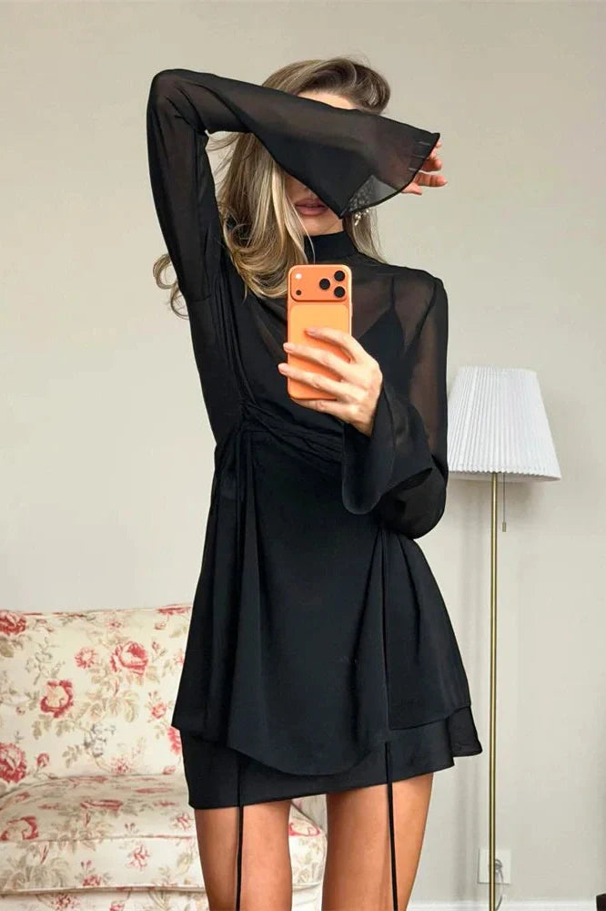 Lace-Up See-Through Loose Long Sleeve Mini Dress
