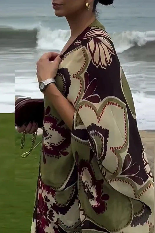Sleeves Loose Pleated High Waist Printed V-Neck Maxi Dress