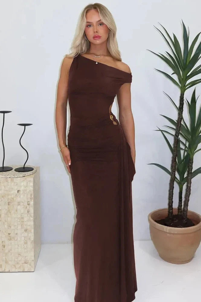 Oblique Shoulder Backless Off-Shoulder Sleeveless Maxi Dress