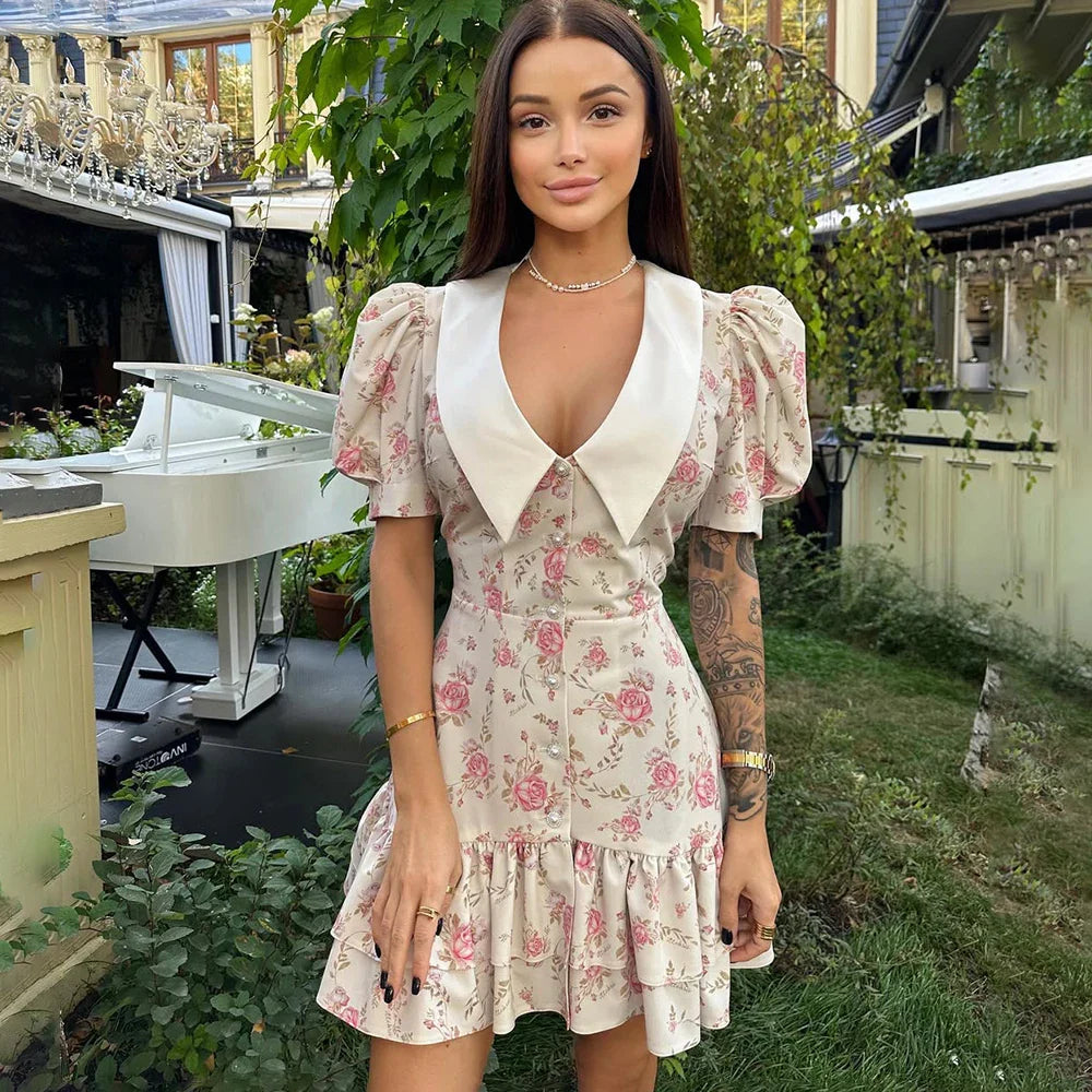 Printed V-Neck Puff Sleeve Single Breasted Mini Dress