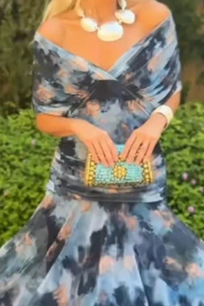 Printed Shawl Sleeve High Waist Pleated V-Neck Off Shoulder Maxi Dress