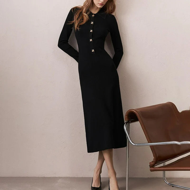 Button Lapel Collar High Waisted Long Sleeve Midi Dress