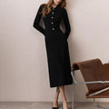 Button Lapel Collar High Waisted Long Sleeve Midi Dress