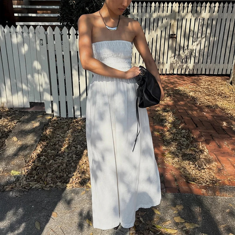 Strapless Off Shoulder High Waist Pleated Maxi Dress
